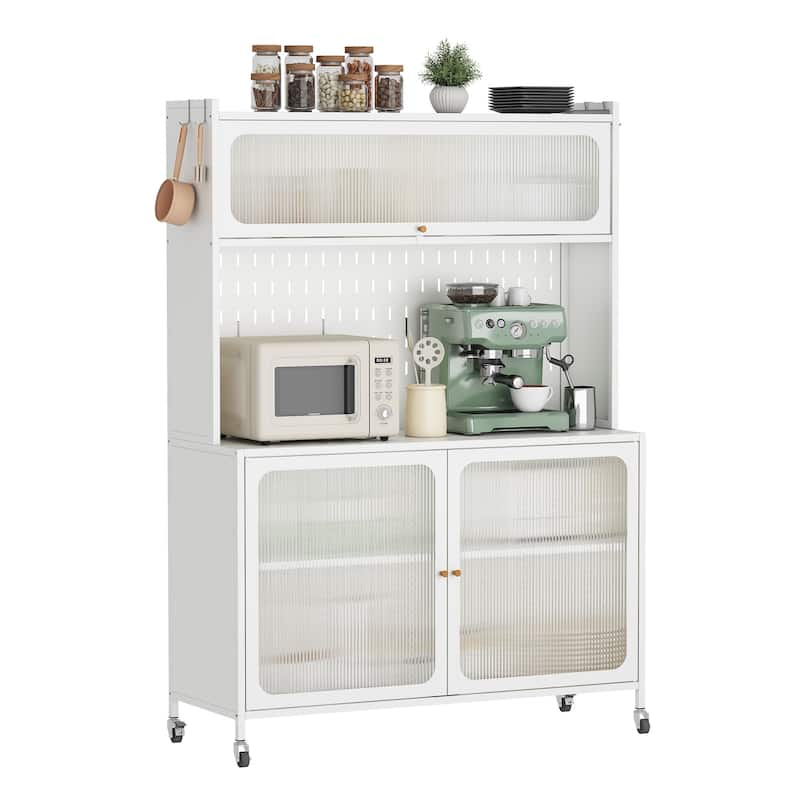 Kitchen Pantry Cabinet, Tall Storage Cabinet with Glass Doors & Adjustable Shelves, Cabinet Cupboard for Kitchen, Living Room - White