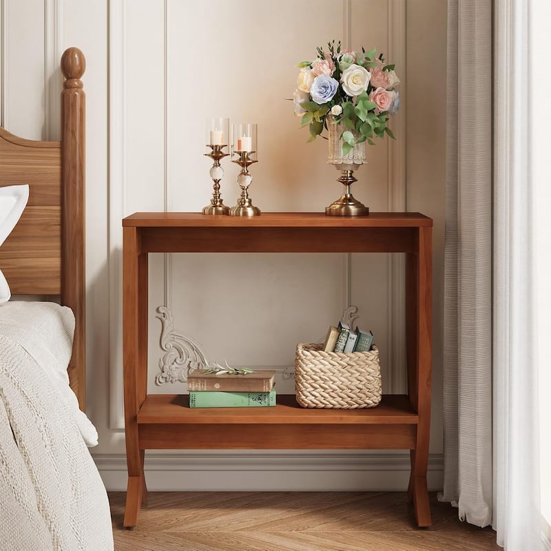 2-Tier Solid Wood End Couch Side Table with Arched Legs for Living Room - 23.6"W × 11.8"D × 23.6"H