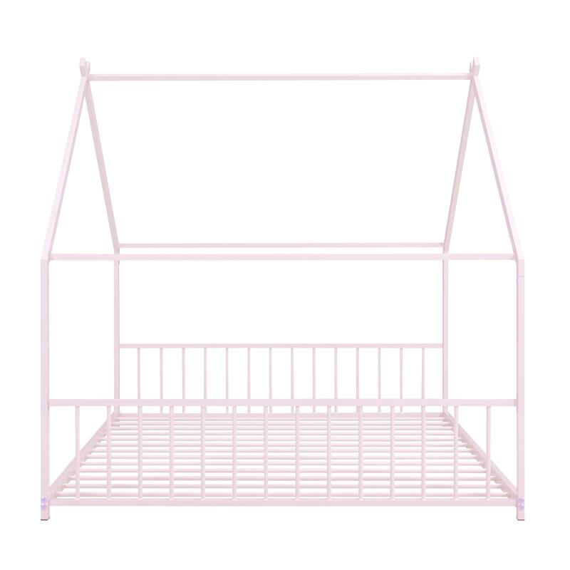Full Size Playhouse Metal Bed for Kids, Sturdy Frame, Semi-Enclosed Design for Better Sleep, Slats Included, Easy Assembly