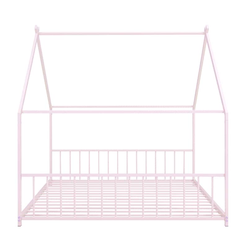 Metal House Bed with Roof, Fence, and Back