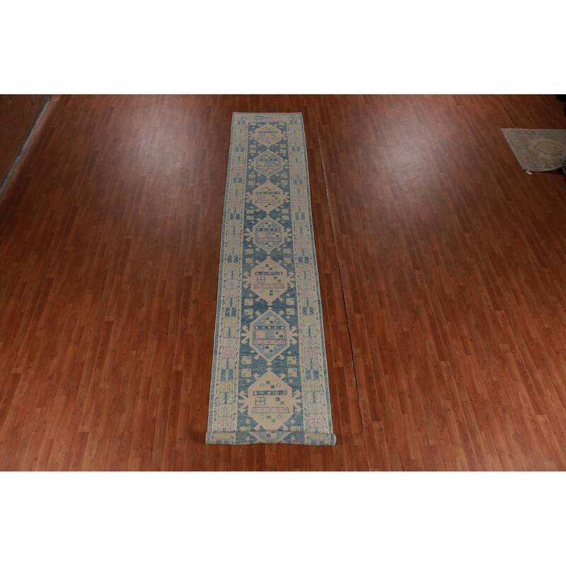 Hand Knotted Oriental 100% Wool Carpet Transitional Geometric Navy Blue & Blues Oushak Runner Rug - 17' 2'' X 3' 2''