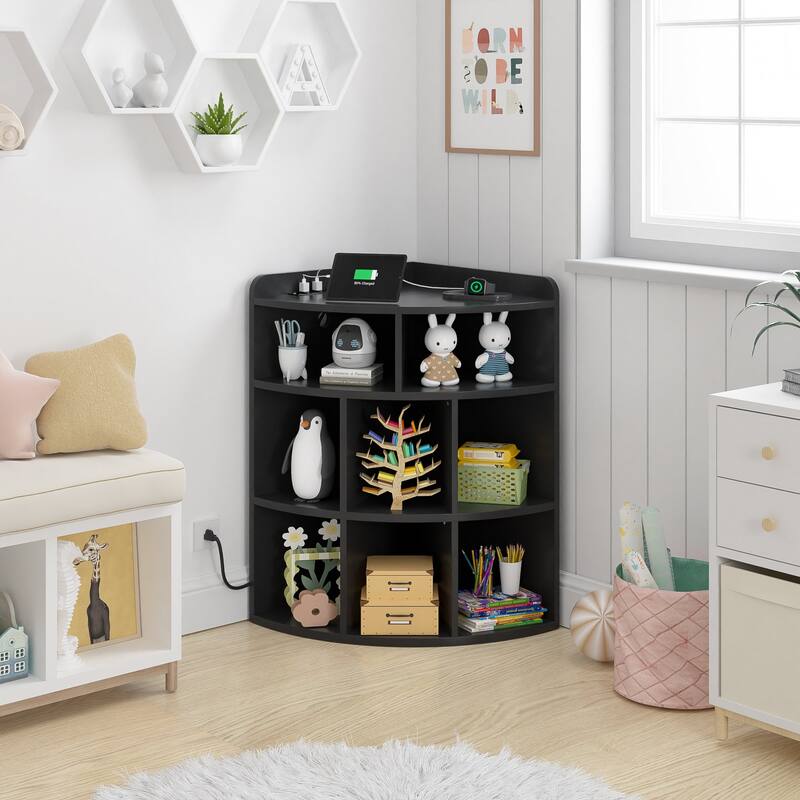 VECELO Corner Cabinet with Charging Station or No Charging Station 3-Tier Bookcase Storage Organizer Triangle Corner Bookcases