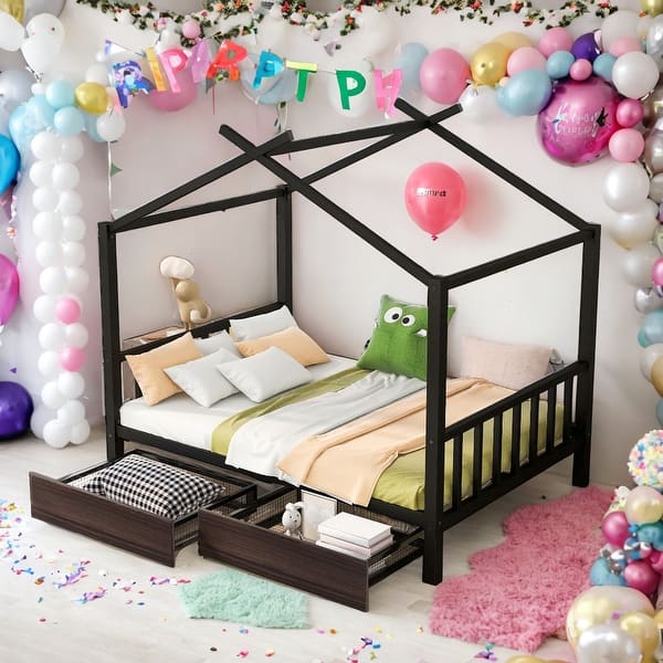 slide 2 of 18, Full Size House Platform Bed with 2 Drawers,Headboard and Footboard For Home Black