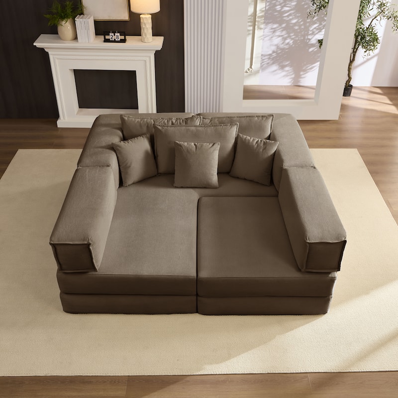 DIY Modular Corduroy L-Shaped Floor Sofa Set with 6 Pillows