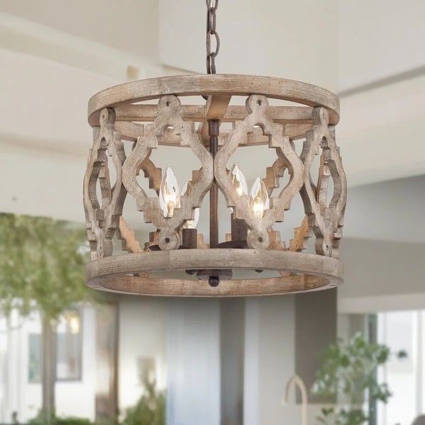 slide 2 of 14, Farmhouse 4-Light Wood Drum Chandelier for Kitchen Island Foyer Dining Room