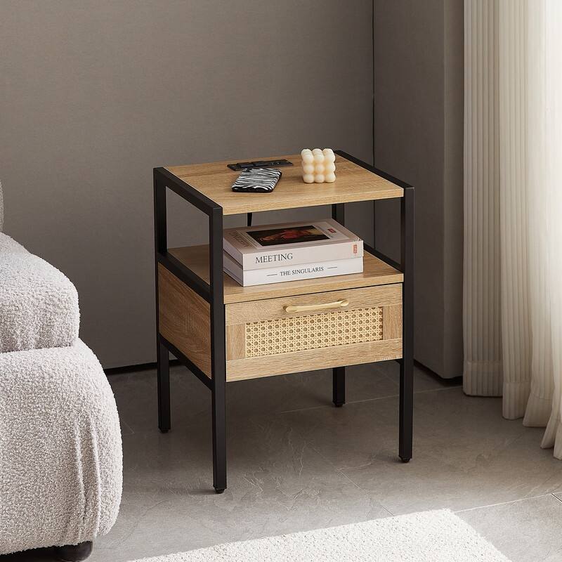 15.75" Modern Rattan End Table with Charging Station Nightstand with Drawer Metal Legs Side Table