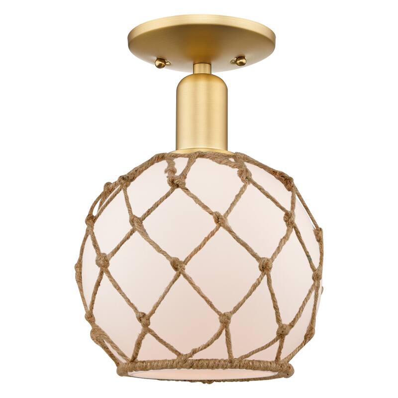 Innovations Lighting Endless Possibilities Arcadia - Farmhouse Rope - 1 Light 8" Semi-Flush Mount - White Glass with Brown Rope/Satin Gold