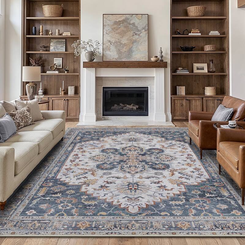 Mcow Vintage Harmony Collection Low-Pile Machine-Washable Area Rug - Navy Blue - 5' x 7' - Rectangle