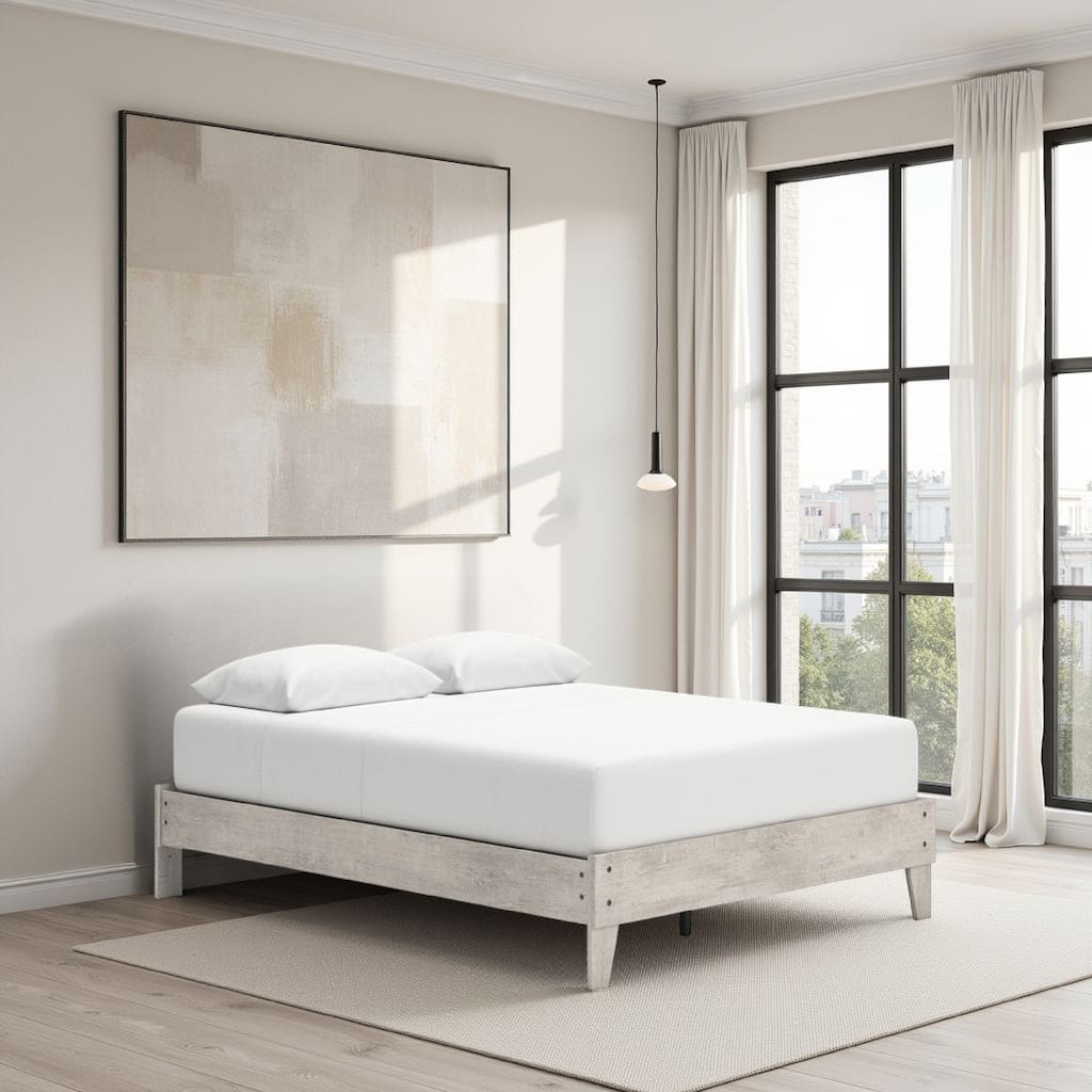 Shawn Queen Size Minimalist Platform Bed, Light Gray Wood, Low Profile