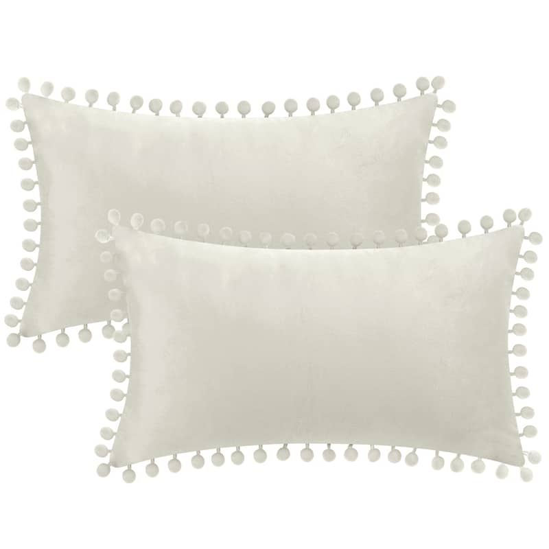Pack of 2 Velvet Throw Pillow Covers with Pompoms Decorative Pillow Cases Fringe Cushion Covers Velvet Square Sham