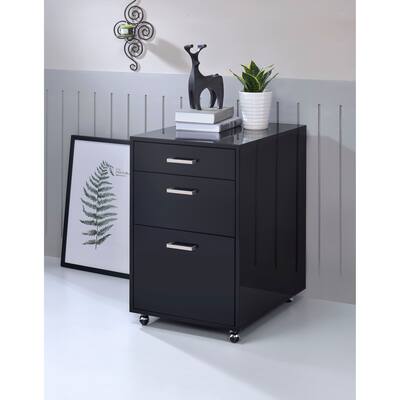 Rolling File Cabinet with 3 Drawers in Black High Gloss & Chrome