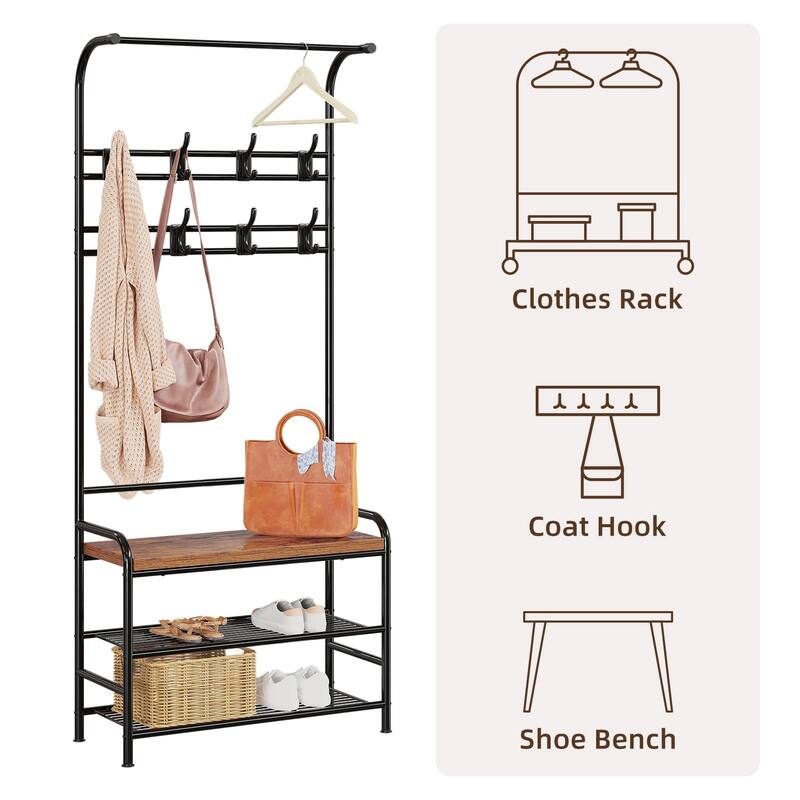 Industrial Entryway Coat Rack with Shoe Bench 3in1 Functional Hall