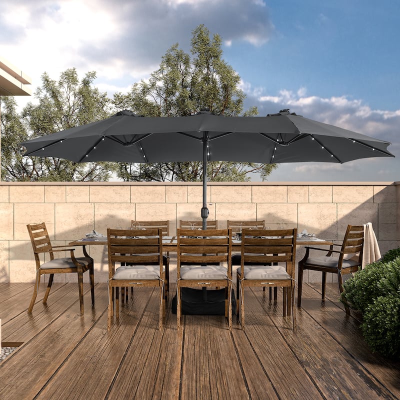 Clihome 15FT Double-Sided Solar Light Market Crank Umbrella with Base