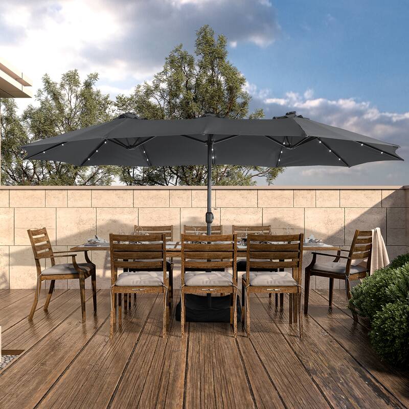 Clihome 15FT Double-Sided Solar Light Market Crank Umbrella with Base