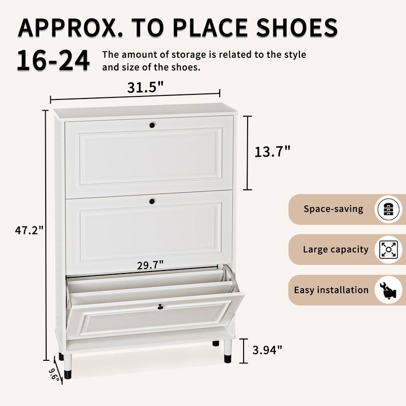 Slim Shoe Cabinet with 3 Flip Drawers, Freestanding Entryway Storage Organizer, Narrow Shoe Rack with Adjustable Shelf - Ancient White