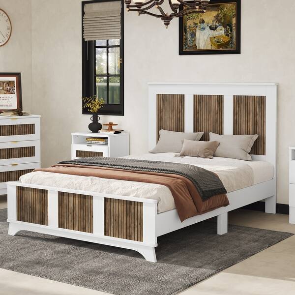 slide 2 of 10, Farmhouse Platform Full Size Bed, Modern Wooden Bed with Wooden Strip Decoration, Plywood Slats Support, White White