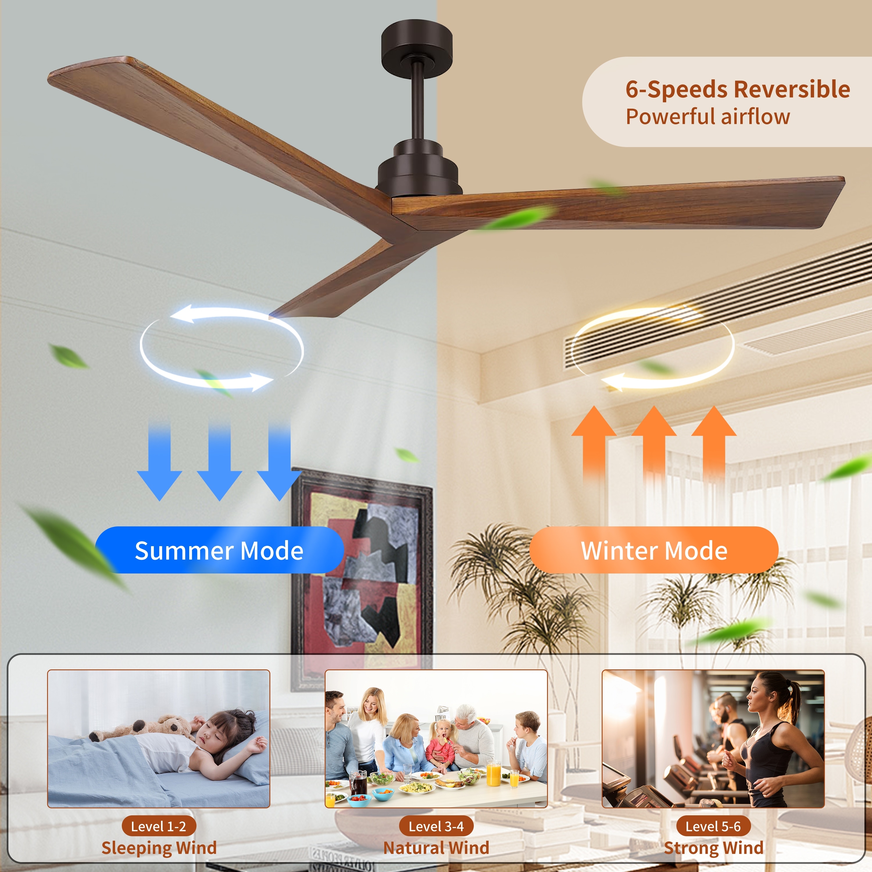 52 inch Wood Ceiling Fan No Light 3 Reversible Blades 6 Speed Low