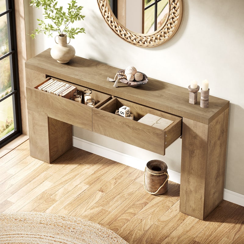 63-Inch Wooden Console Table with 2 Hidden Drawers, Sofa Table for Living Room, Hallway, Entrance, Foyer - Brown