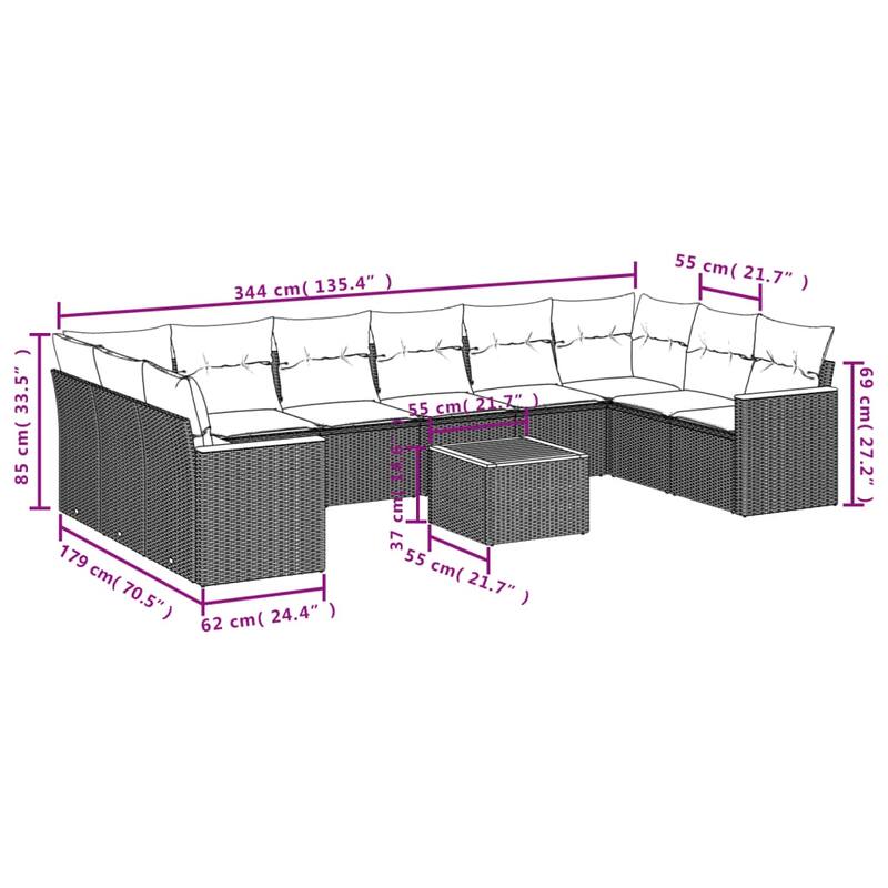 vidaXL Patio Sofa Set with Cushions Outdoor Conversation Furniture Poly Rattan - 24.4 x 24.4 x 27.2 in