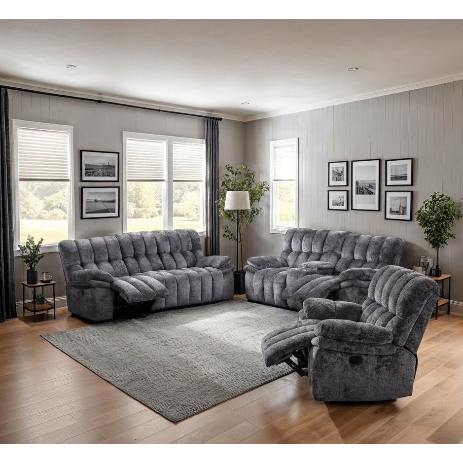 Dark Gray Living Room Reclining Sofa Set Charging Ports Pillow Arms