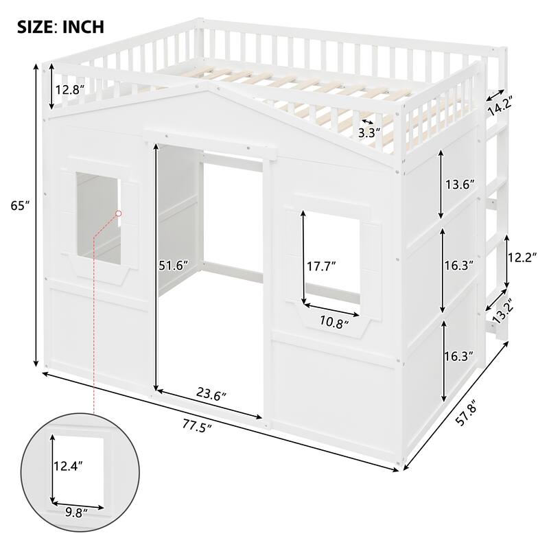 Full Size Loft Bed with Sturdy Ladder, Solid Pine Wood House Bed Frame with Safety Guard Rails and Slatted Support