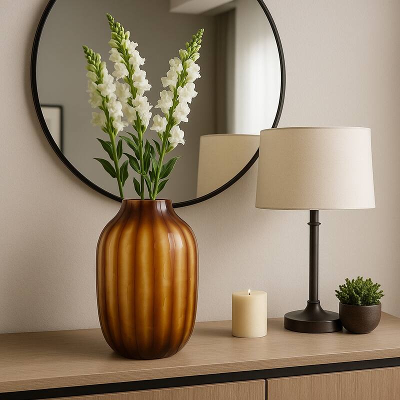 Glass Large Vertical Ribbed Decorative Vase - Brown