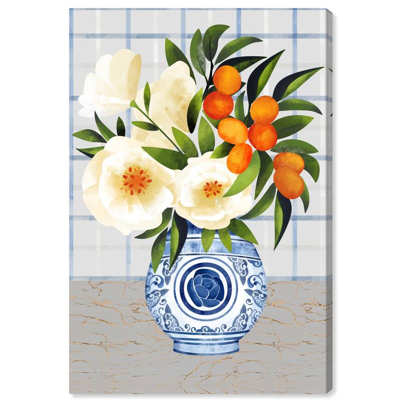 Wynwood Studio Canvas Floral and Botanical Frutti Flowers and Porcelain White and Dark Blue Tropical Wall Art Canvas Print