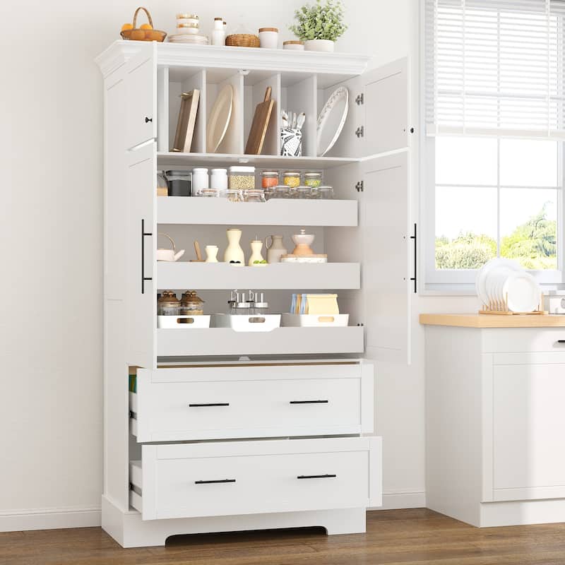 Farmhouse Kitchen Pantry, 40"W - 4-Door Freestanding Cabinet with Pull-Out Trays, Drawers & Pan Storag - White