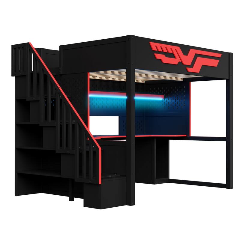Roomfitters Full Size Gaming Loft Bed with Integrated Desk and Storage Stairs, Heavy Duty Metal Frame, Red and Black