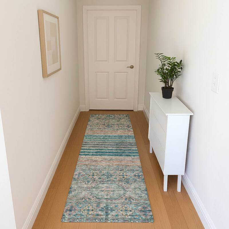Premium Washable Super Soft Boho Stripes Mayfield Rug - Teal - 2'3" x 7'6"