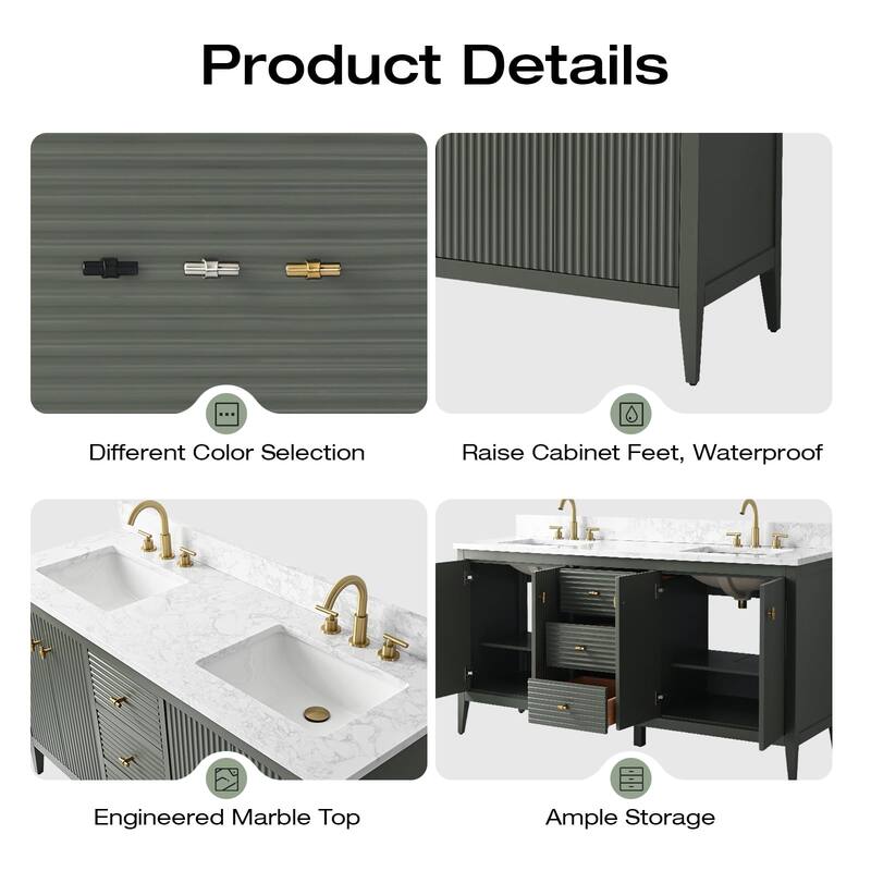 Vanity Art 60" Double Sink Bathroom Vanity Cabinet with Engineered Marble Top