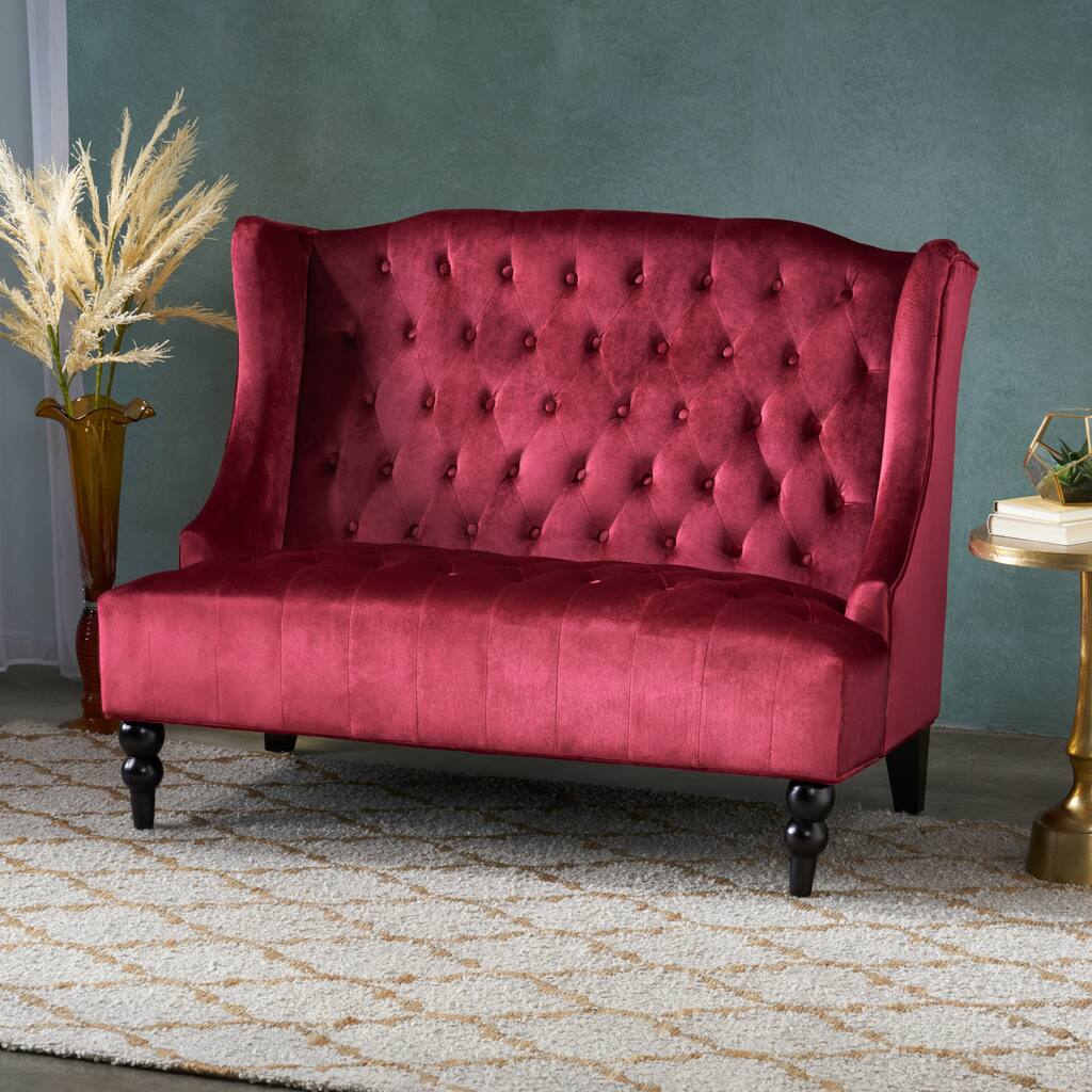 Wine Red 50.25" Velvet Button Tufted High Wingback Loveseat Sofa with Wood Legs for Living Room