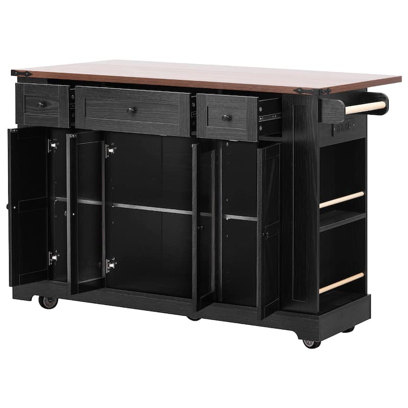 53'' Kitchen Island with Two Tempered Glass Cabinet Doors, Rolling Kitchen Cart on Wheels with Drop Leaf, Power Outlet