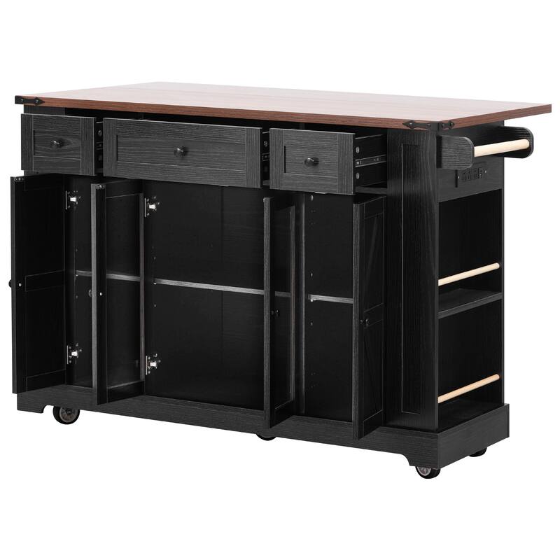 Kitchen Island with Two Tempered Glass Cabinet Doors and Power Outlet, Rolling Storage Cabinet with Drop Leaf, Open Side Racks