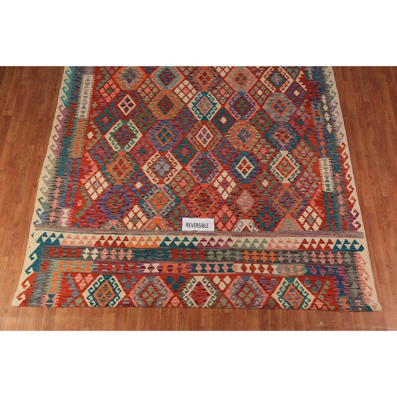 Reversible Kilim Oriental Rug Hand-Woven Multi-Color Wool Carpet - 8'7"x 11'6"