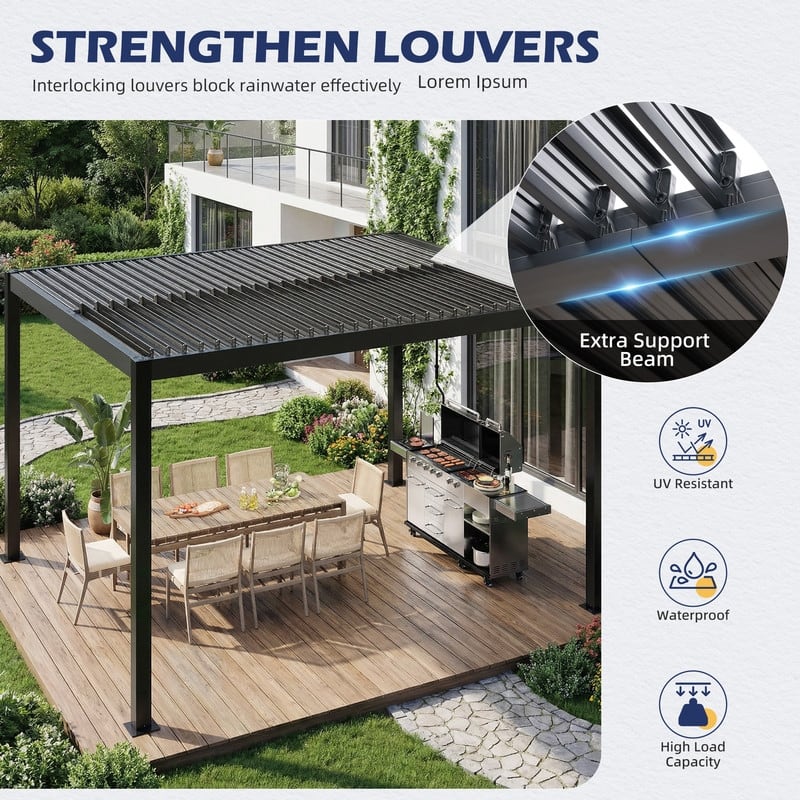 Outdoor Louvered Pergola with Optional Winter Cover – Adjustable Hardtop Gazebo, Steel Frame