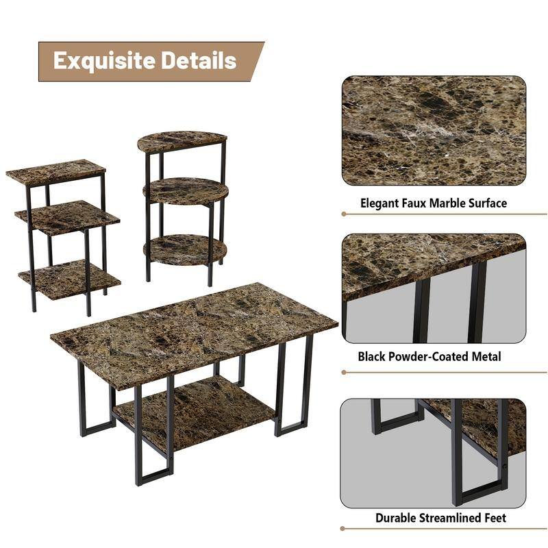 3 Pieces Faux Marble Coffee Table Set with 1 Coffee Table and 2 End Tables, Modern Sofa Side Table with Shelf, Cocktail Table