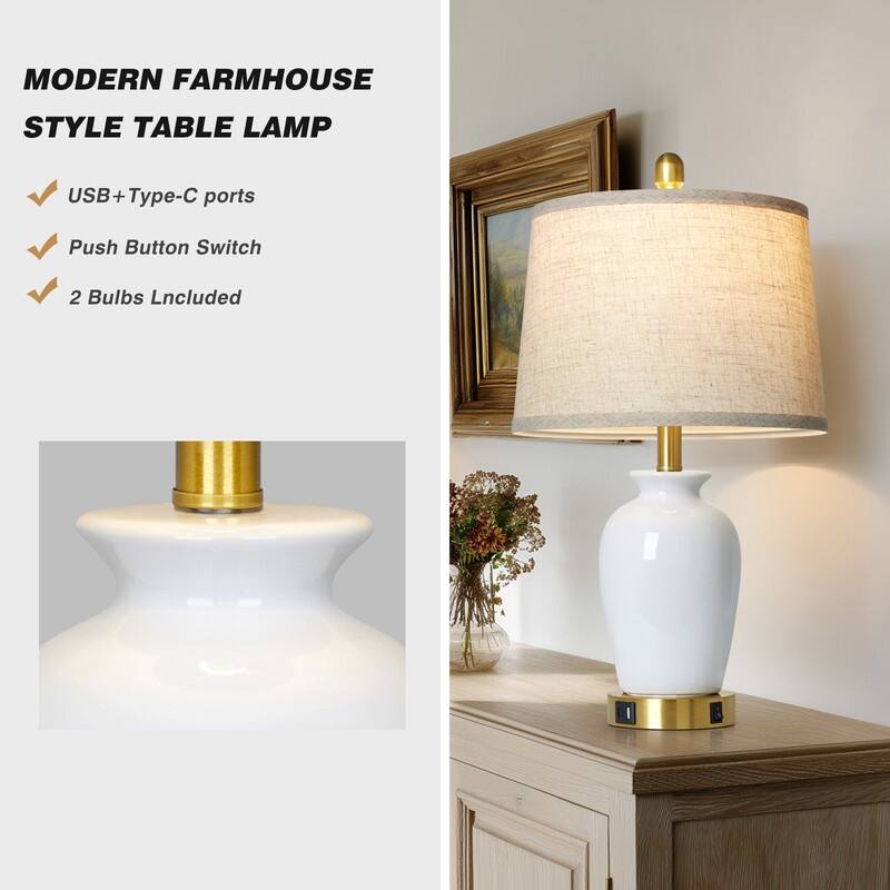 23.5" Elegant Ceramic Table Lamp with USB-C Charging, Gold Accents(Set of 2) - 12.5'' x 12.5'' x 23''