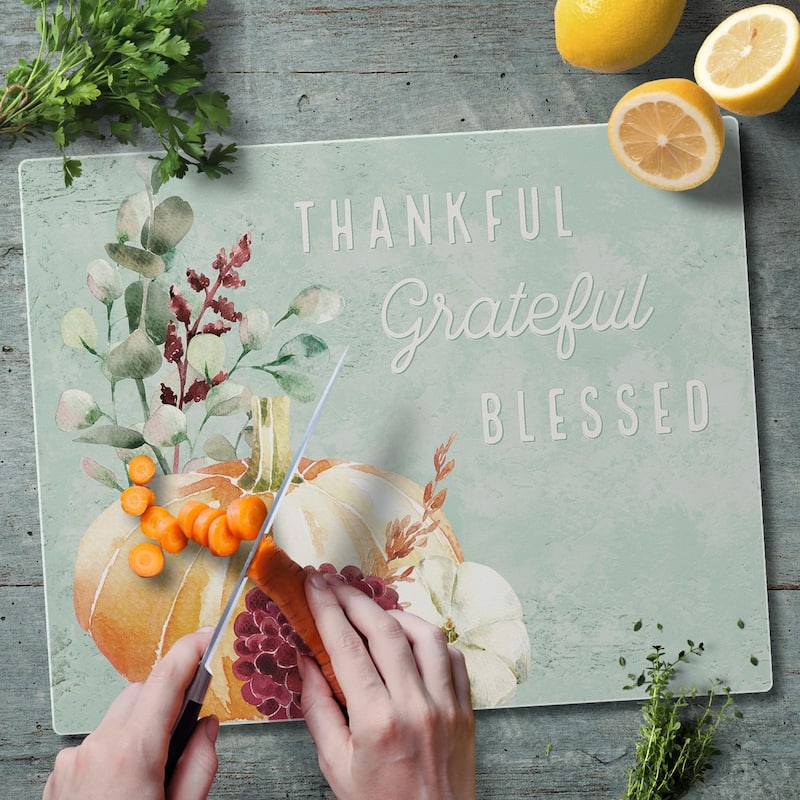 Thankful Grateful Pumpkin 3mm Heat Tolerant Tempered Glass Cutting Board 15” x 12” Manufactured in the USA Dishwasher Safe