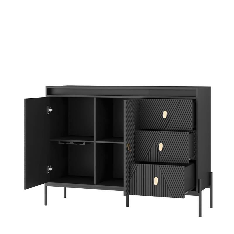 Fluted Sideboard Cabinet with LED Lights, 2 Doors & 3 Drawers, Black Buffet/Sideboard - 3 Doors + 3 Drawers