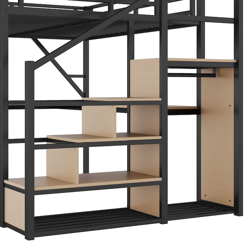 Iron Loft Bed Frame with Desk, Charging Station, Bedside Shelf and Wardrobe, Heavy Duty Metal Loftbed with LED Lights