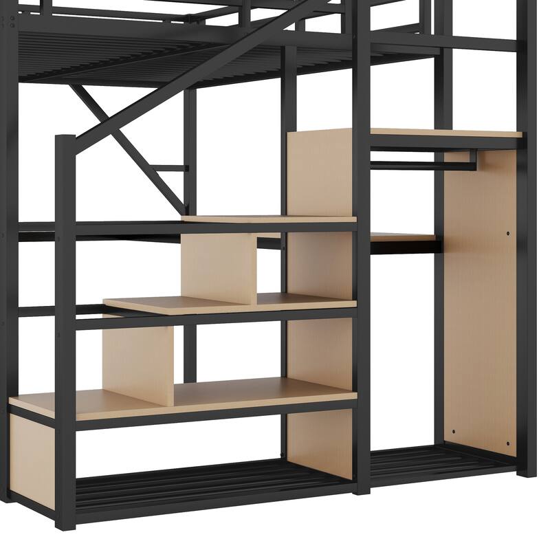 Metal Loft Bed with Storage Stairs Upper Storage Shelves and Wardrobe, Metal Structure Bed Optional Desk Charging Station