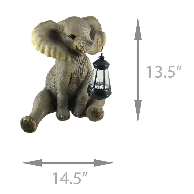 Cute African Elephant Porch / Garden Statue With Lantern - 13.5 X 14.5 X 10 inches