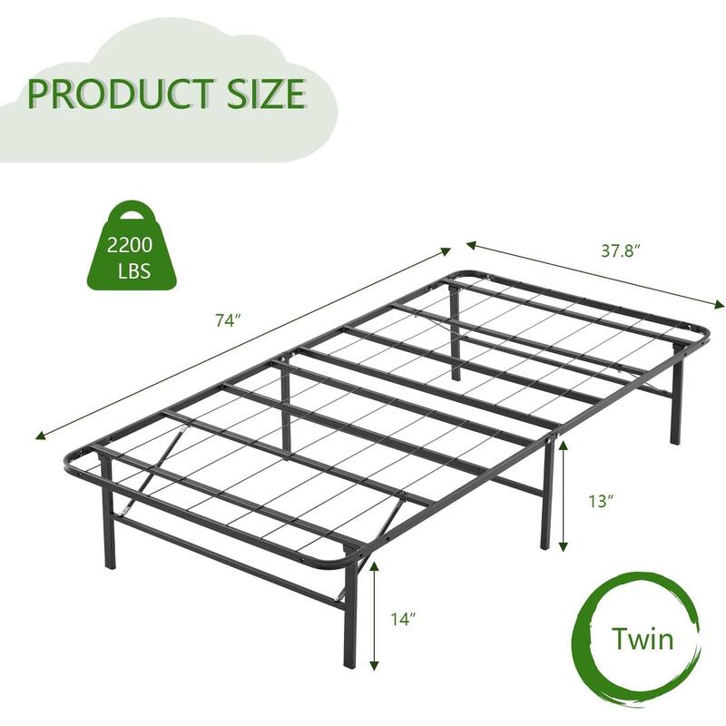 Black Steel Twin, Full and Queen Foldable Bed Frame, 14'' High, No Box Spring Needed