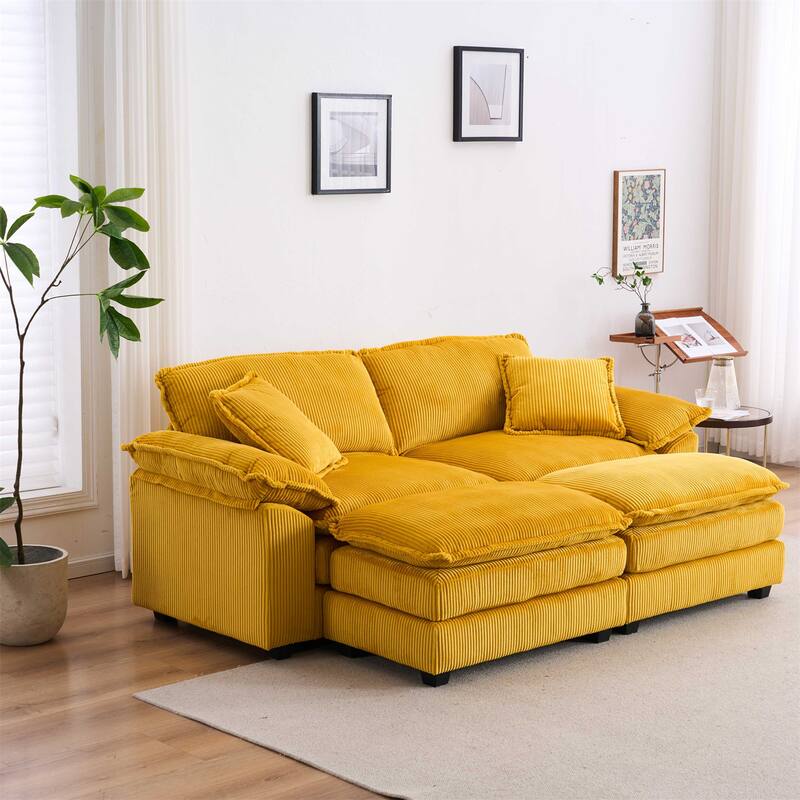 Modern 2-Seater Corduroy Sofa with 4 Support Pillows and 2 Ottomans