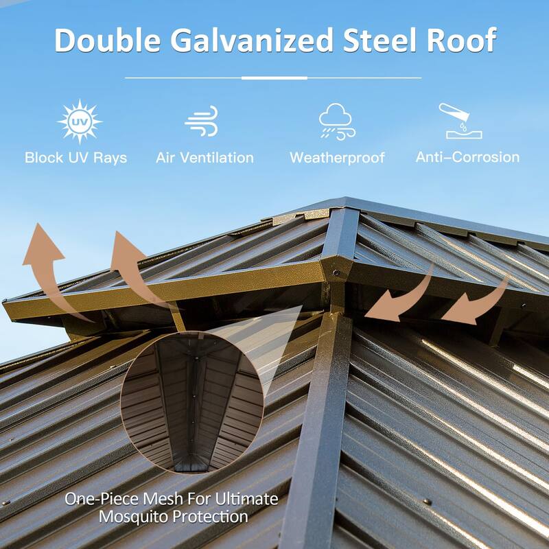 12' X 18' Hardtop Gazebo with Drainage System, Galvanized Steel Roof, Curtains, and Netting for Outdoor Living