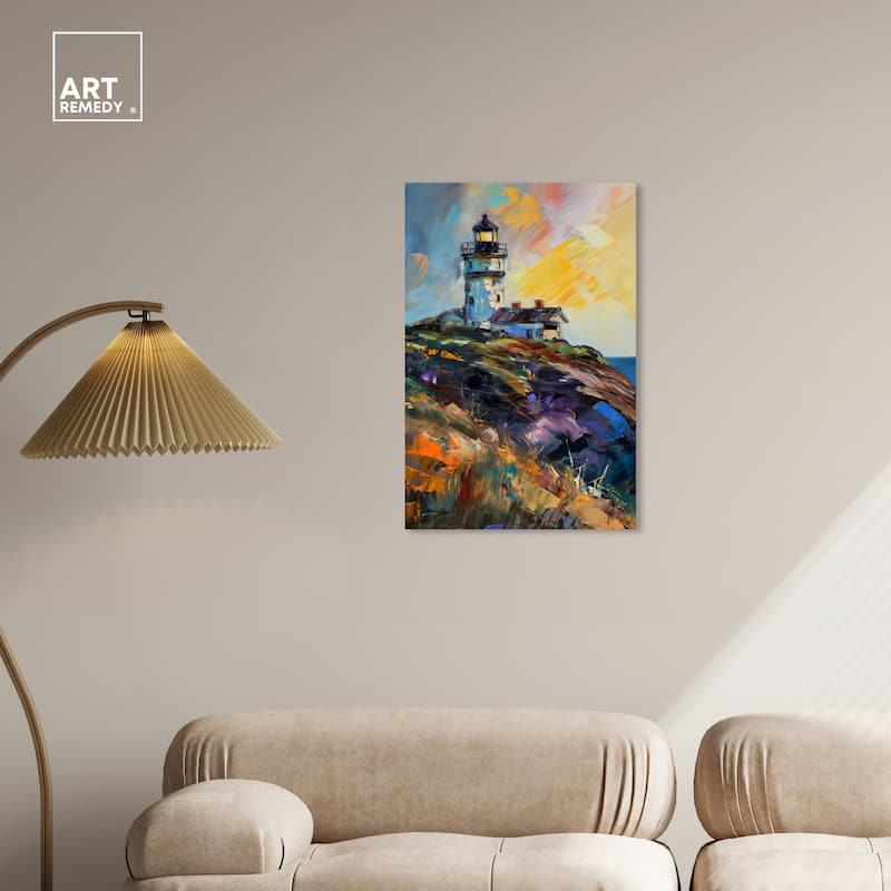 Art Remedy Colorful Lighthouse Gallery Wrapped Impressionism 1 Piece Canvas Wall Art /Monet And Van Gogh Inspired Art