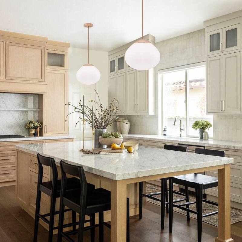 Modern Wood Pendant Light with White Glass Shade Kitchen Fixture - Dia.12.5-in