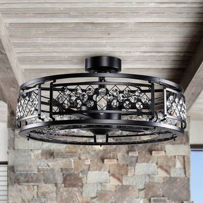 Modern Black 3-Blade Crystal Reversible Cage Ceiling Fan with Light Kit - 27-in W x 12.5-in H
