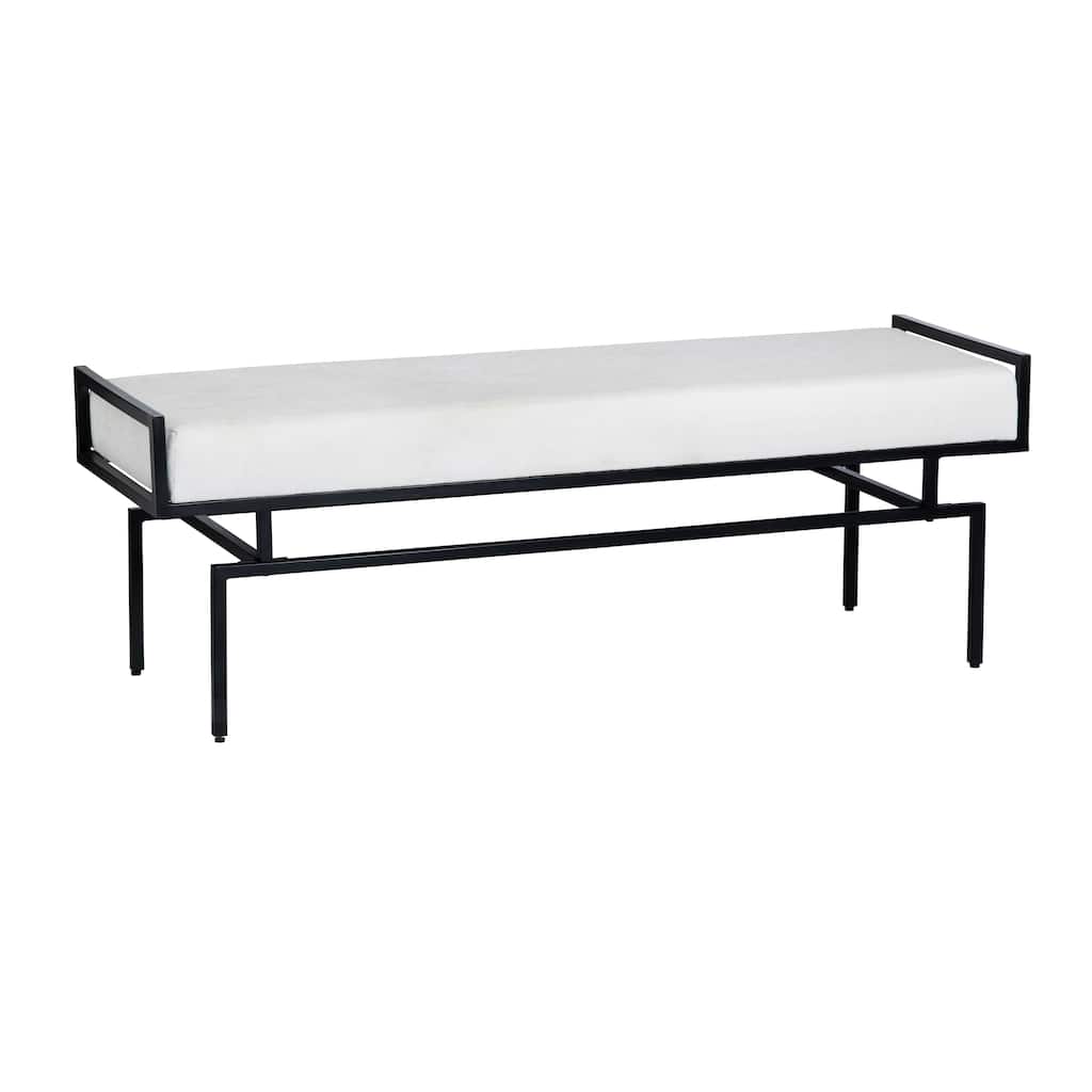 55 in. White Upholstered Accent Bench with Black Iron Frame